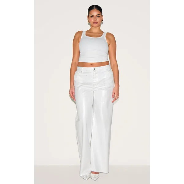 Plus White Silver Foil Effect Wide Leg Jeans