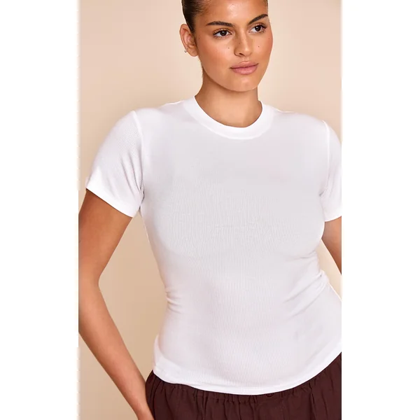 Plus White Soft Rib Crew Neck Short Sleeve Top