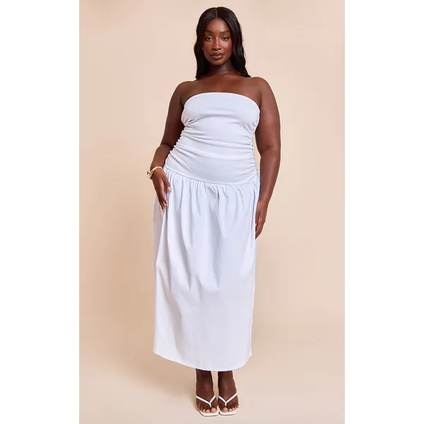 Plus White Stretch Woven Bandeau Ruched Maxi Dress