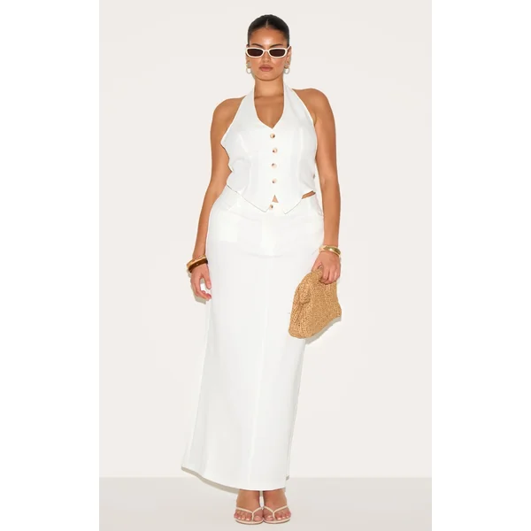 Plus White Tailored Woven Maxi Skirt
