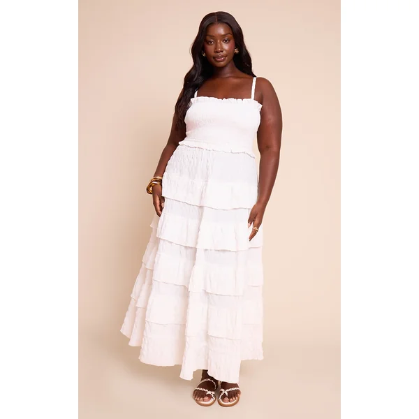 Plus White Textured Shirred Tiered Maxi Dress