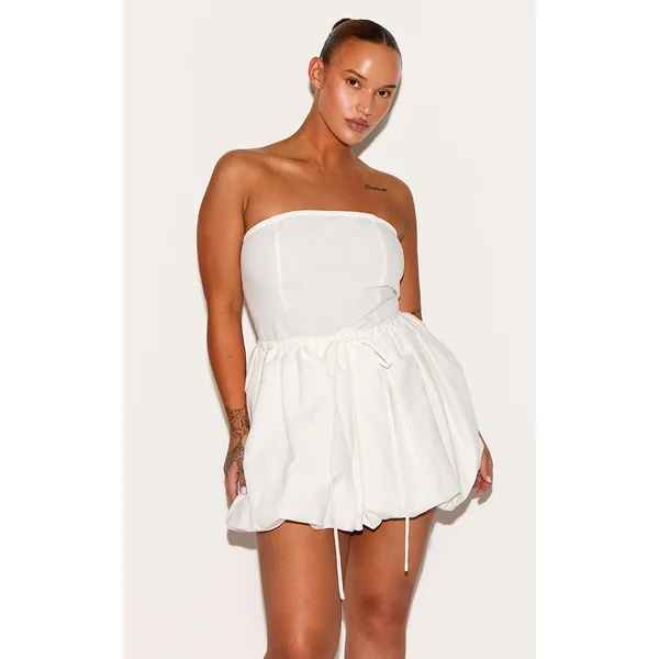 Plus White Textured Woven Bandeau Tie Waist Puffball Dress