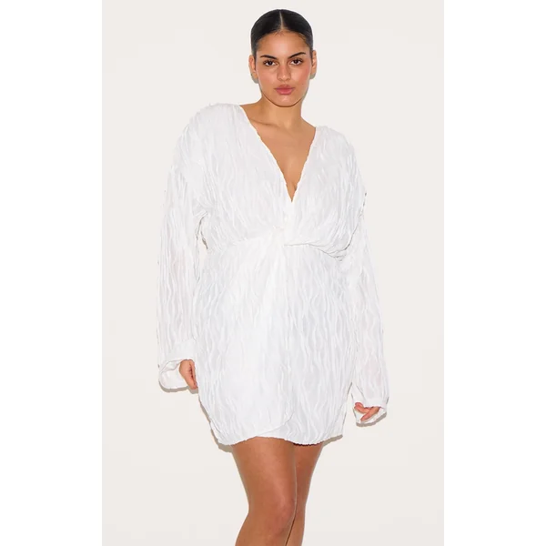 Plus White Textured Wrap Front Dress