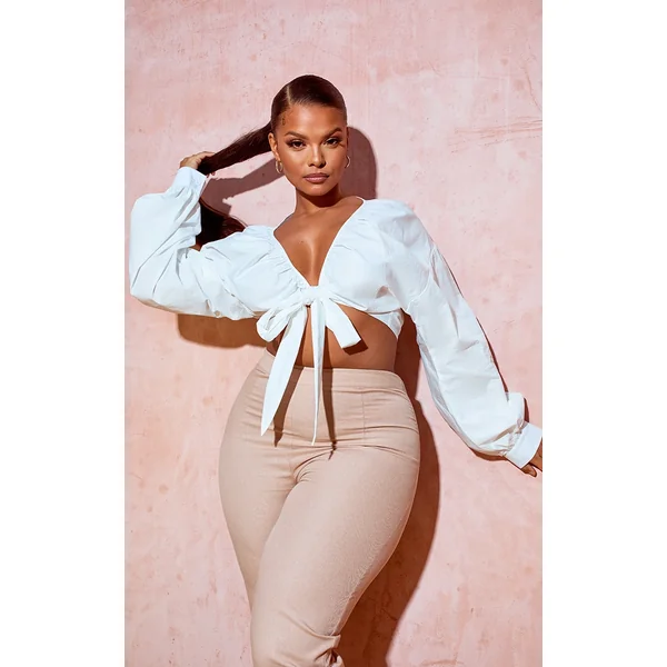 Plus White Tie Front Ruched Blouse