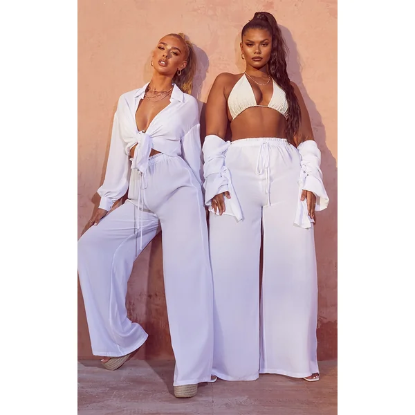 Plus White Tie Waist Beach Pants