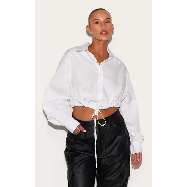 Plus White Tie Waist Cropped Shirt