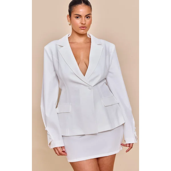 Plus White Woven Cinched Waist Fitted Blazer