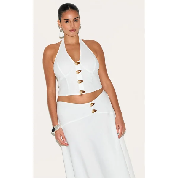 Plus White Woven Halterneck Button Detail Top