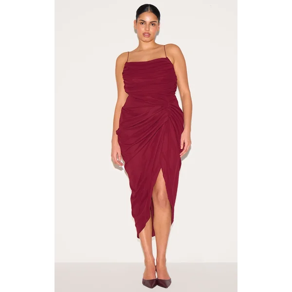 Plus Wine Chiffon Ruched Drape Midi Dress
