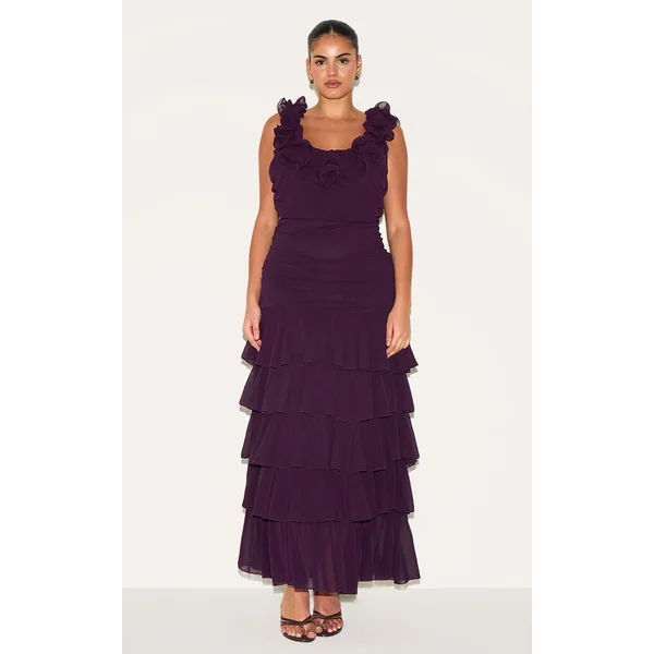 Plus Wine Chiffon Ruched Ruffle Maxi Dress