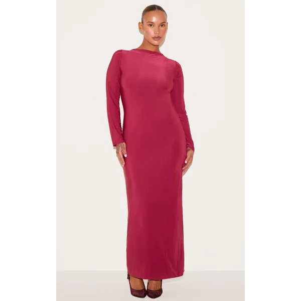 Plus Wine Double Layer Slinky Flared Sleeve Midaxi Dress