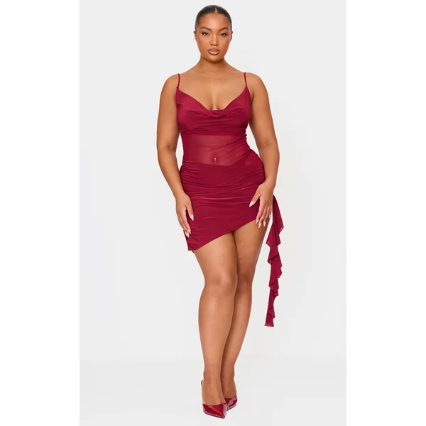 Plus Wine Double Layer Slinky Mesh Panel Bodycon Dress