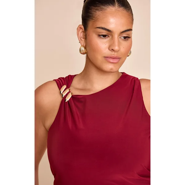 Plus Wine Double Layer Slinky Trim Detail Long Vest Top