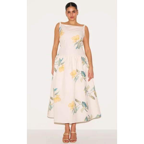 Plus Yellow Floral Printed Dropped Waist Midaxi Dress