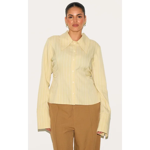 Plus Yellow Pinstripe Oversized Collar Fitted Shirt