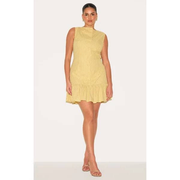 Plus Yellow Striped Button Detail Flippy Hem Bodycon Dress