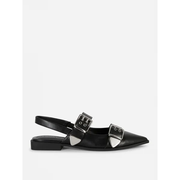 Pointed Grommet Ballerina Flats - Black
