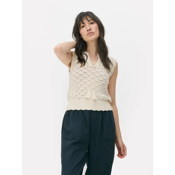 Pointelle Tie Front Tank Top - Ivory