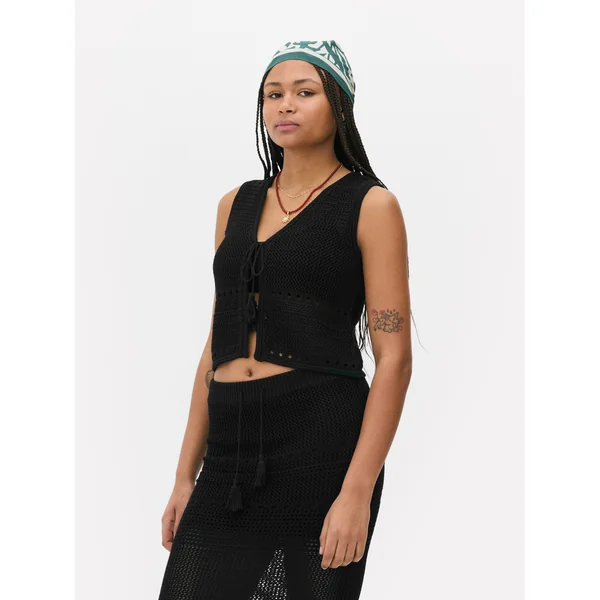Pointelle Tie-Front Cropped Vest - Black