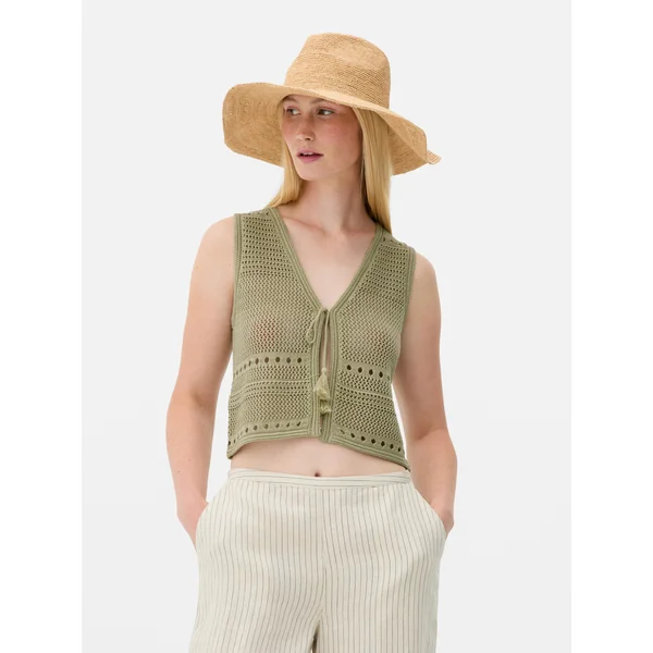 Pointelle Tie-Front Cropped Vest - Green