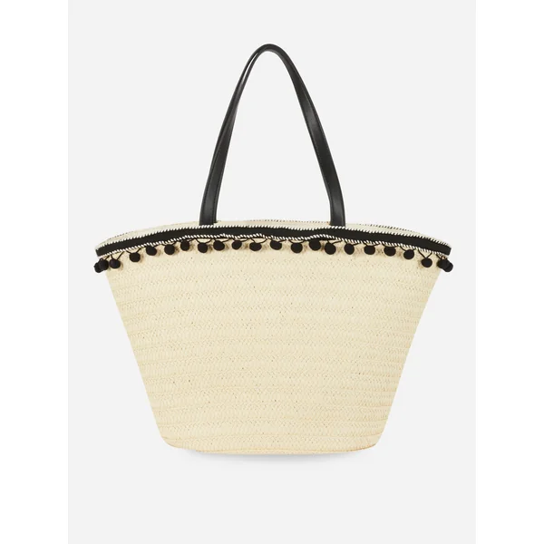 Pom-Pom Straw Bucket Bag - Ivory