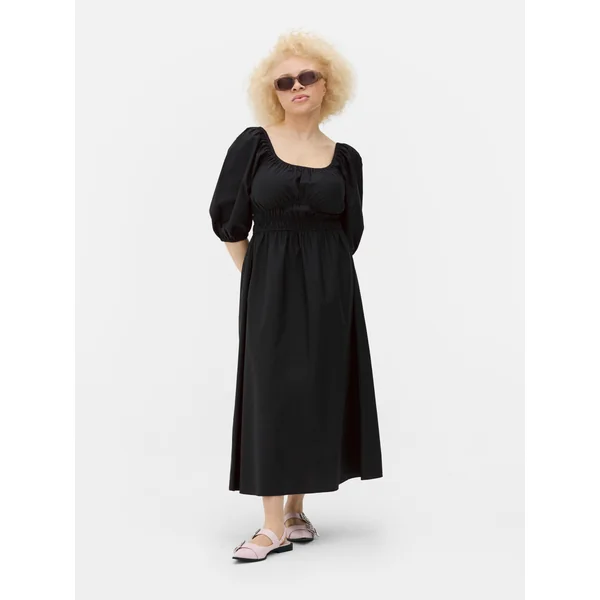 Poplin Shirred Midi Dress - Black