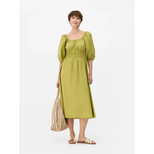 Poplin Shirred Midi Dress - Green