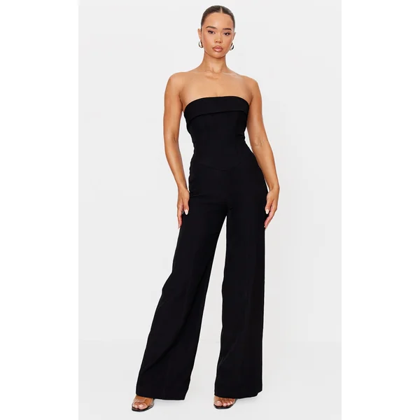 Premium Black Woven Bandeau Corset Straight Leg Jumpsuit