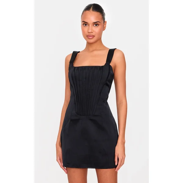 Premium Black Woven Square Neck Lace Back Corset Bodycon Dress