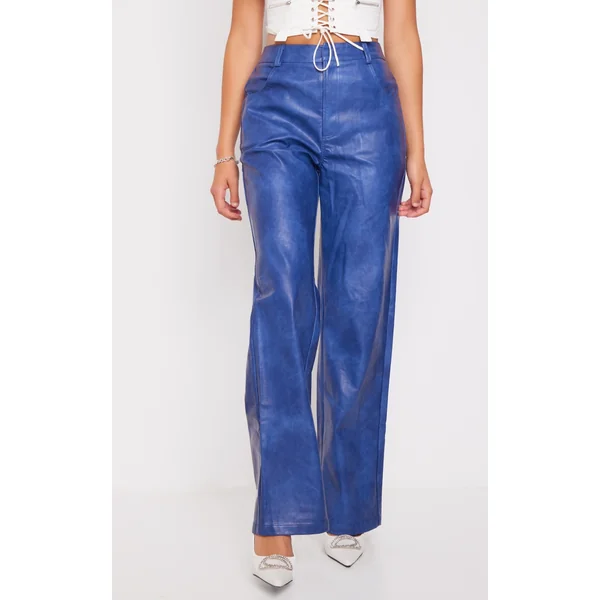 Premium Blue Washed Faux Leather Straight Leg Pants
