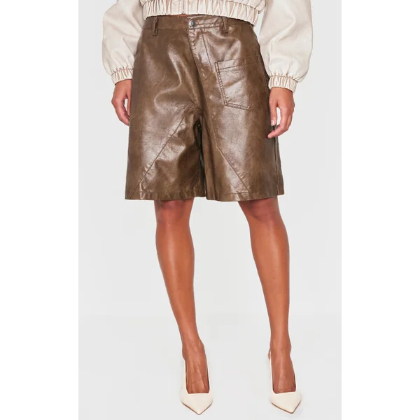 Premium Brown Washed Faux Leather Oversized Long Shorts