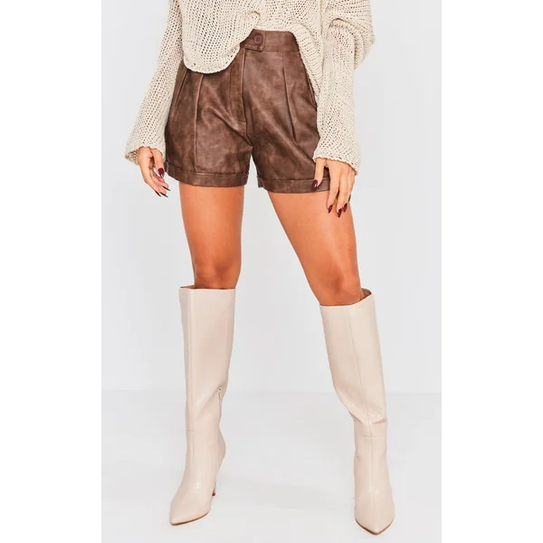 Premium Brown Washed Faux Leather Pleat Detail Shorts