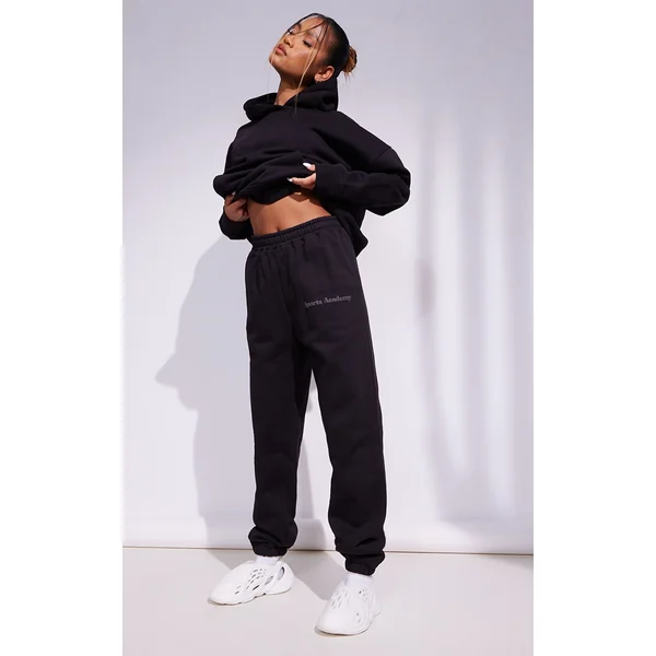 Premium Coal Black Sports Academy Puff Print Oversized Sweatpants