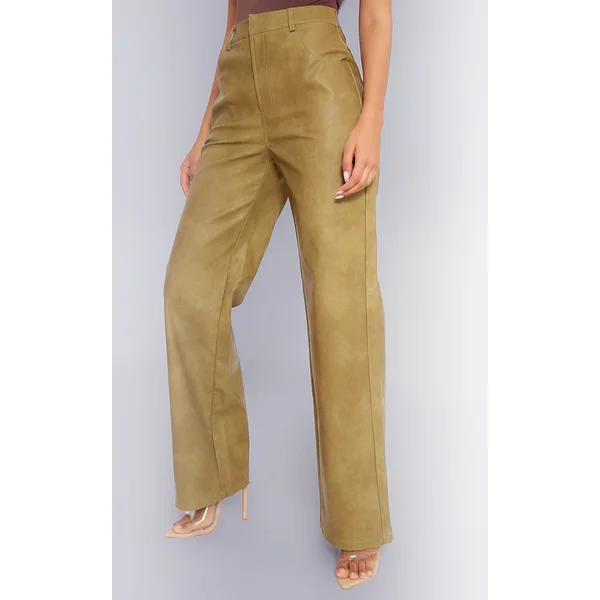 Premium Olive Washed Faux Leather Straight Leg Pants