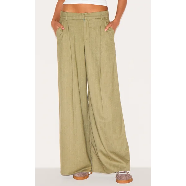 Premium Olive Woven Pinstripe Tailored Straight Leg Pants