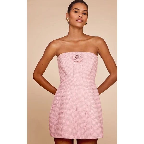 Premium Pale Rose Boucle Camellia A-line Dress