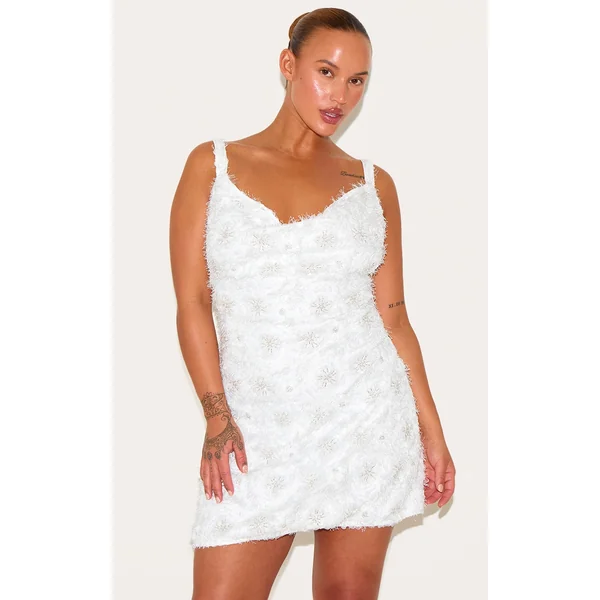 Premium Plus White Sequin Embroidered Cowl Neck Shift Dress