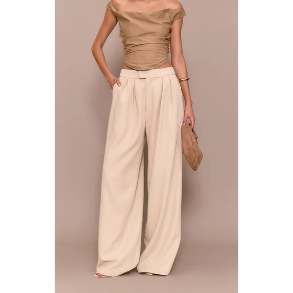 Premium Sand Tailored Pleated Lined Wide Leg Pants