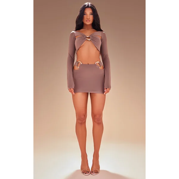 Premium Taupe Double Layer Slinky Ring Detail Mini Skirt