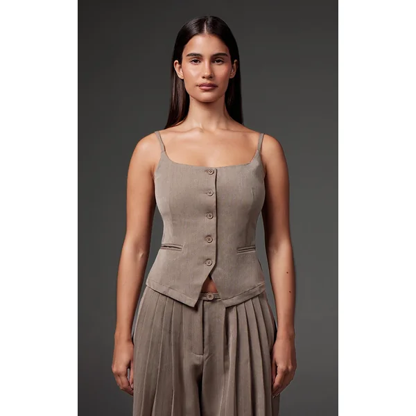 Premium Taupe Woven Button Up Detail Tailored Top