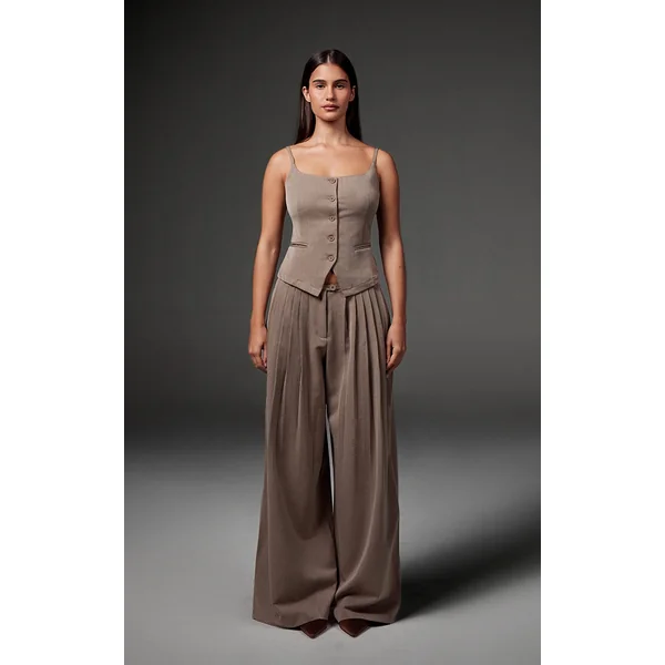 Premium Taupe Woven Pleated Waistband Extreme Wide Leg Pants