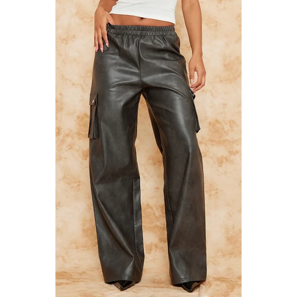 Premium Washed Black Faux Leather Wide Leg High Waisted Cargo Pants