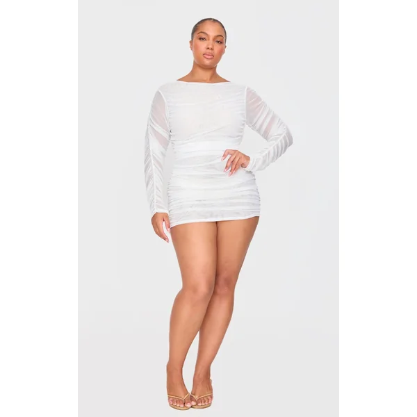Premium White Double Layer Mesh Ruched Long Sleeve Bodycon Dress