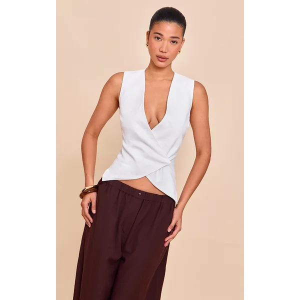 Premium White Linen Blend Button Asymmetric Vest