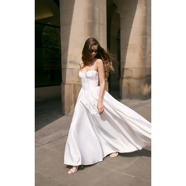 Premium White Satin Corset Skater Maxi Dress