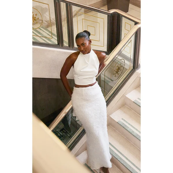 Premium White Satin High Neck Cowl Top