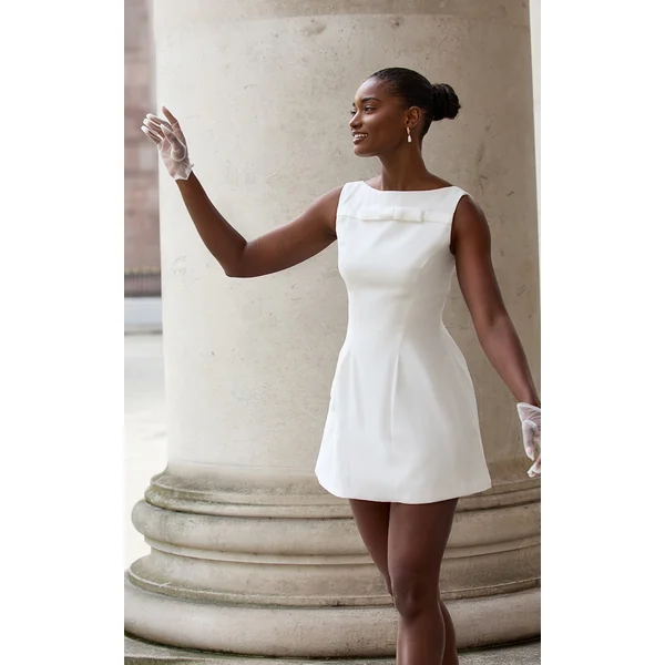 Premium White Tailored Bow Detail A-line Dress