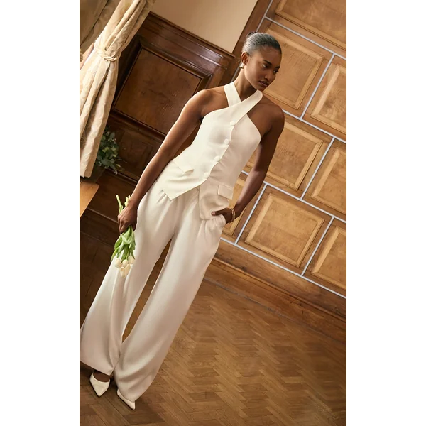 Premium White Tailored Pleated Lined Wide Leg Pants