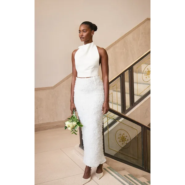 Premium White Tulle Floral Ruffle Detail Maxi Skirt