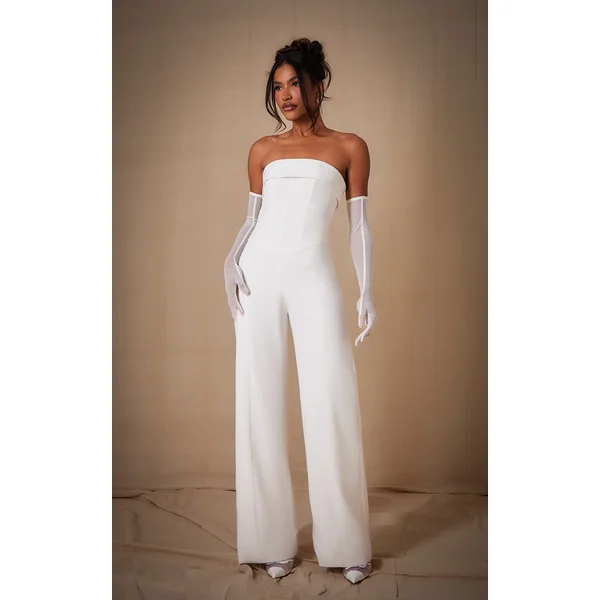 Premium White Woven Bandeau Wide Leg Jumpsuit